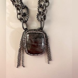 Silver chain artsy necklace with mauve stone pendant and rhinestones
